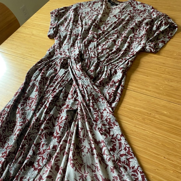 Madewell Burgundy and Cream Wrap Style Dress - Picture 2 of 7